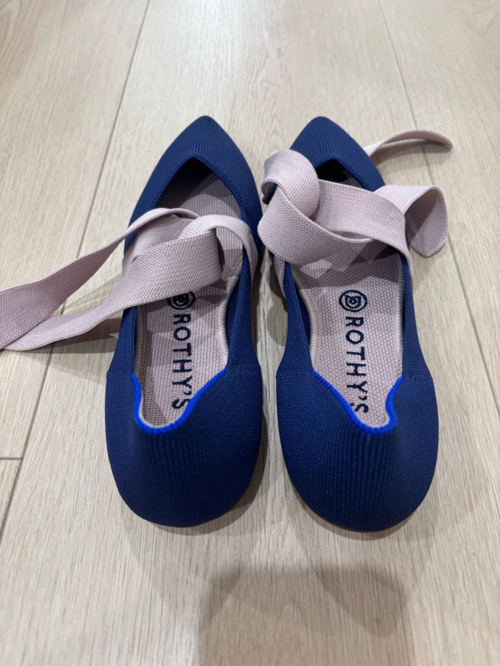 Rothy's Navy Pointed Knit Flats with Blush Tie Straps - Picture 4 of 4